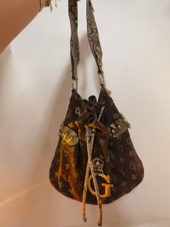 Guess Handbags - Guess Brown Monogram Drawstring Shoulder Bag with Gold Hardware